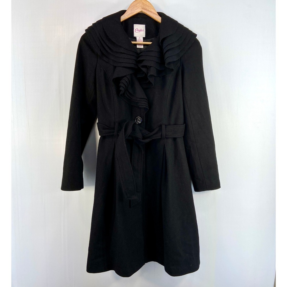 Candies Black Wool Frill Collar Belted Trench Coat Junior Womens Small